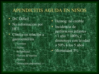 APENDICITIS AGUDA EN NIÑOS
• Dx. Dificil
• No información por
HCl
• Clínica en relación a
gastroenteritis
– Vomitos
– Fiebre
– Irritabilidad
– Flexión de muslos
– Diarrea
– Distención abdominal ++
• Hemog: no creible
• Incidencia de
perforación infantes
<1 año = 100% y
disminuye con la edad
a 50% a los 5 años
• Mortalidad 5%
 