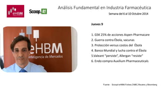 Análisis Fundamental en Industria Farmacéutica 
Semana del 6 al 10 Octubre 2014 
Fuente : Scoopit eHBM,Forbes,CNBC,Reuters y Bloomberg 
Jueves 9 
1. GSK 25% de acciones Aspen Pharmacare 
2. Guerra contra Ébola, vacunas 
3. Protección versus costos del Ébola 
4. Banco Mundial y lucha contra el Ébola 
5.Valeant “persiste”, Allergan “resiste” 
6. Endo compra Auxilium Pharmaceuticals 
 