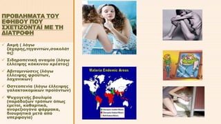 ΠΡΟΒΛΗΜΑΤΑ ΤΟΥ 
ΕΦΗΒΟΥ ΠΟΥ 
ΣΧΕΤΙΖΟΝΤΑΙ ΜΕ ΤΗ 
ΔΙΑΤΡΟΦΗ 
 Ακμή ( λόγω 
ζάχαρης,τηγανιτών,σοκολάτ 
ας) 
 Σιδηροπενική αναιμία (λόγω 
έλλειψης κόκκινου κρέατος) 
 Αβιταμινώσεις (λόγω 
έλλειψης φρούτων, 
λαχανικών) 
 Οστεοπενία (λόγω έλλειψης 
γαλακτοκομικών προϊόντων) 
 Ψυχογενής βουλιμία 
(παράδοξων τρόπων όπως 
εμετοί, καθαρτικά, 
ανορεξιογόνα φάρμακα, 
διουρητικά μετά από 
υπερφαγία) 
 