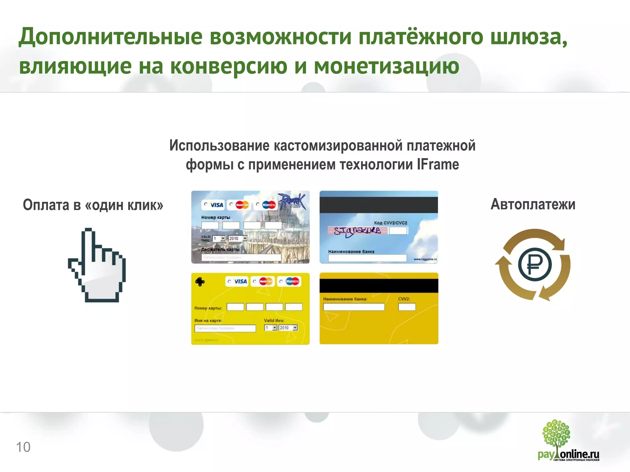 10 
Дополнительные возможности платёжного шлюза, влияющие на конверсию и монетизацию 
Оплата в «один клик» 
Использование кастомизированной платежной формы с применением технологии IFrame 
Автоплатежи  