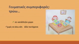 Γευματικές συμπεριφορές: 
τρώω… 
 σε κατάλληλο χώρο 
χωρίς να κάνω κάτι άλλο ταυτόχρονα 
 