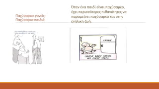 Παχύσαρκοι γονείς- 
Παχύσαρκα παιδιά 
Όταν ένα παιδί είναι παχύσαρκο, 
έχει περισσότερες πιθανότητες να 
παραμείνει παχύσαρκο και στην 
ενήλικη ζωή. 
 