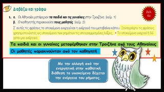Σελ.
62
Τα παιδιά και οι γυναίκες μεταφέρθηκαν στην Τροιζήνα από τους Αθηναίους
Οι μαθητές παρακινούνταν από τον καθηγητή
Με την αλλαγή από την
ενεργητική στην παθητική
διάθεση το υποκείμενο δέχεται
την ενέργεια του ρήματος.
 