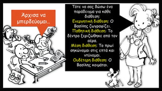 Τότε να σας δώσω ένα
παράδειγμα για κάθε
διάθεση:
Ενεργητική διάθεση: Ο
Βασίλης ζωγραφίζει.
Παθητική διάθεση: Το
δέντρο ξεριζώθηκε από τον
αέρα.
Μέση διάθεση: Το πρωί
σηκώνομαι στις επτά και
ντύνομαι.
Ουδέτερη διάθεση: Ο
Βασίλης κοιμάται.
Άρχισα να
μπερδεύομαι..
 