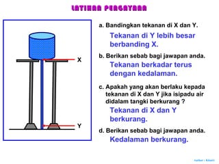 Author : Khairi
X
Y
a. Bandingkan tekanan di X dan Y.
Tekanan di Y lebih besar
berbanding X.
b. Berikan sebab bagi jawapan anda.
Tekanan berkadar terus
dengan kedalaman.
c. Apakah yang akan berlaku kepada
tekanan di X dan Y jika isipadu air
didalam tangki berkurang ?
Tekanan di X dan Y
berkurang.
d. Berikan sebab bagi jawapan anda.
Kedalaman berkurang.
LATIHAN PENGAYAANLATIHAN PENGAYAAN
 