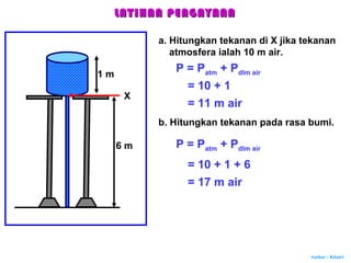 Author : Khairi
X
a. Hitungkan tekanan di X jika tekanan
atmosfera ialah 10 m air.
P = Patm + Pdlm air1 m
6 m
= 10 + 1
= 11 m air
b. Hitungkan tekanan pada rasa bumi.
P = Patm + Pdlm air
= 10 + 1 + 6
= 17 m air
LATIHAN PENGAYAANLATIHAN PENGAYAAN
 