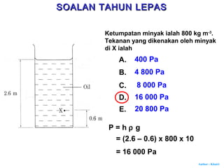 Author : Khairi
Ketumpatan minyak ialah 800 kg m-3
.
Tekanan yang dikenakan oleh minyak
di X ialah
A. 400 Pa
B. 4 800 Pa
C. 8 000 Pa
D. 16 000 Pa
E. 20 800 Pa
P = h ρ g
= (2.6 – 0.6) x 800 x 10
= 16 000 Pa
SOALAN TAHUN LEPASSOALAN TAHUN LEPAS
 