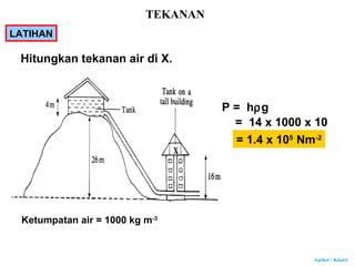 Author : Khairi
P = hρg
= 1.4 x 105
Nm-2
Hitungkan tekanan air di X.
= 14 x 1000 x 10
Ketumpatan air = 1000 kg m-3
LATIHAN
TEKANAN
 