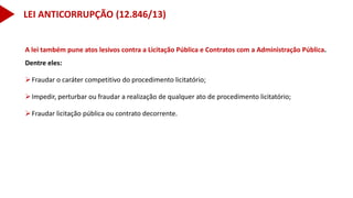 A lei também pune atos lesivos contra a Licitação Pública e Contratos com a Administração Pública.
Dentre eles:
Fraudar o caráter competitivo do procedimento licitatório;
Impedir, perturbar ou fraudar a realização de qualquer ato de procedimento licitatório;
Fraudar licitação pública ou contrato decorrente.
LEI ANTICORRUPÇÃO (12.846/13)
 