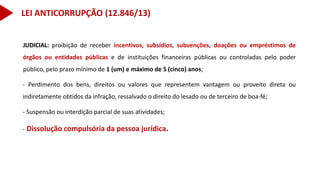 JUDICIAL: proibição de receber incentivos, subsídios, subvenções, doações ou empréstimos de
órgãos ou entidades públicas e de instituições financeiras públicas ou controladas pelo poder
público, pelo prazo mínimo de 1 (um) e máximo de 5 (cinco) anos;
- Perdimento dos bens, direitos ou valores que representem vantagem ou proveito direta ou
indiretamente obtidos da infração, ressalvado o direito do lesado ou de terceiro de boa-fé;
- Suspensão ou interdição parcial de suas atividades;
- Dissolução compulsória da pessoa jurídica.
LEI ANTICORRUPÇÃO (12.846/13)
 
