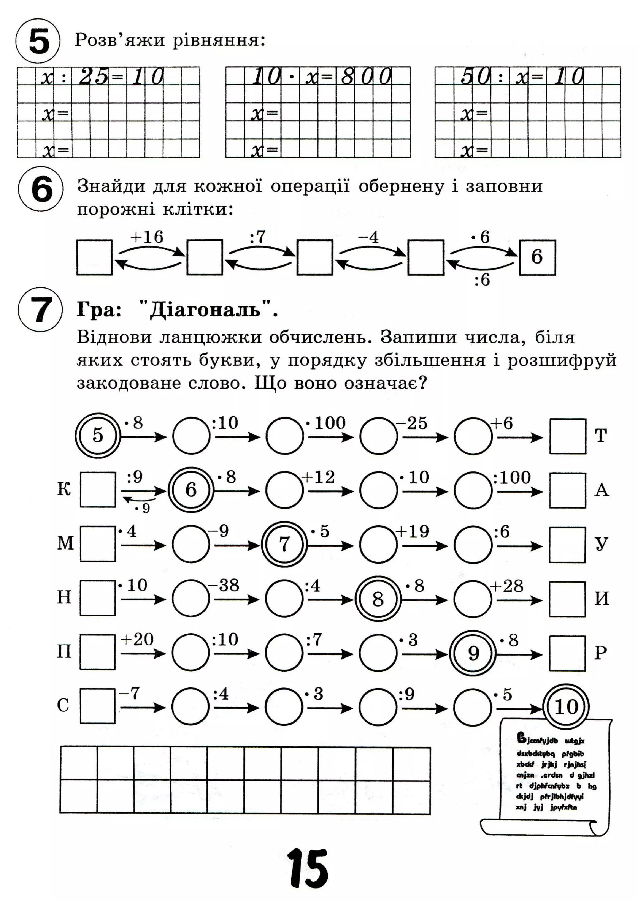 J j ) Розв'яжи рівняння:
X •
•
>•А = / 0
X1
1
X
10 я 8 0 0
X
X
h X 1 0
X
X
® Знайди для кожної операції обернену і заповни
ПОПОЛИ! КТТ1ТКІТ!порожні КЛІТКИ
:7
7 ) Гра: "Діагональ".
Віднови ланцюжки обчислень. Запиши числа, біля
яких стоять букви, у порядку збільшення і розшифруй
закодоване слово. Що воно означає?
о — о — о -
К
М
н
п
:9
• © ^ о — о — о -
о- О ^ о — о :
10
-ь20
о —
Т
А
У
И
о — о — о -
О — О — О —
Gjc^jdb
«InbdUybq pfgbib
xbdrf jrjkj rjnjtaf
cnjzn .erchn d gjhzl
rt djphfeofvbz Ь hg
dtjdj pfrjlbhjdfwi
«nj Jvj jpvfrfln
W
15
 