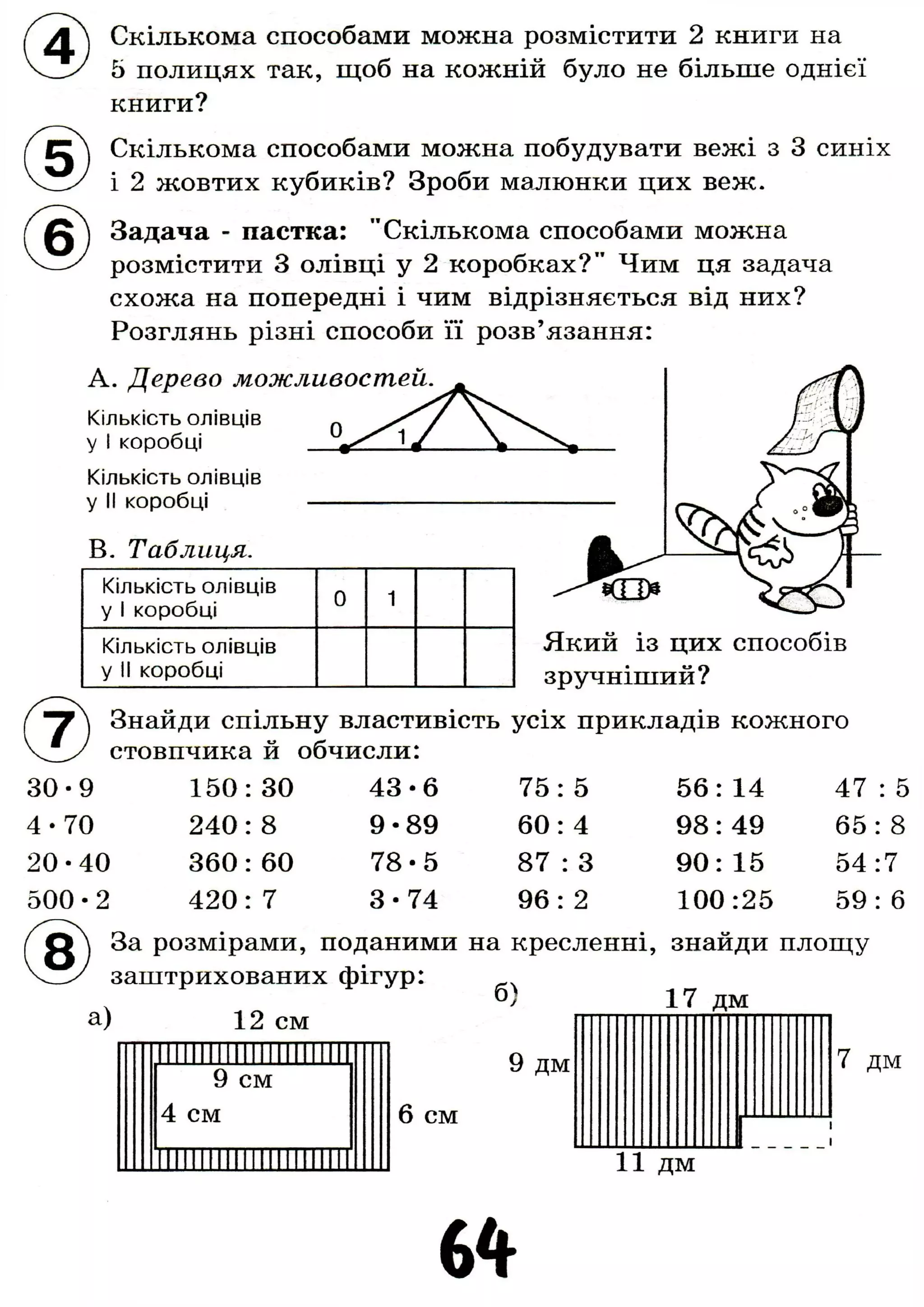 Скількома способами можна розмістити 2 книги на
5 полицях так, щоб на кожній було не більше однієї
книги?
Скількома способами можна побудувати вежі з 3 синіх
і 2 жовтих кубиків? Зроби малюнки цих веж.
Задача - пастка: "Скількома способами можна
розмістити 3 олівці у 2 коробках?" Чим ця задача
схожа на попередні і чим відрізняється від них?
Розглянь різні способи її розв'язання:
A. Дерево можливостей.
Кількість олівців
у І коробці
Кількість олівців
у II коробці
B. Таблиця.
Кількість олівців
у 1 коробці
0 1
Кількість олівців
у II коробці
Який із цих способів
зручніший?
Знайди спільну властивість усіх прикладів кожного
стовпчика й обчисли:
30-9
4-70
20-40
500-2
150: ЗО
240: 8
360: 60
420: 7
43-6
9-89
78-5
3-74
75
60
87
96
5
4
З
2
56: 14
98: 49
90: 15
100:25
47 : 5
65: 8
54:7
59: б
Q  За розмірами, поданими на кресленні, знайди площу
заштрихованих фігур:
б ) 17 дм
а) 12 см
9 см
4 см
9 дм
6 см
7 дм
11 дм
6 4
 
