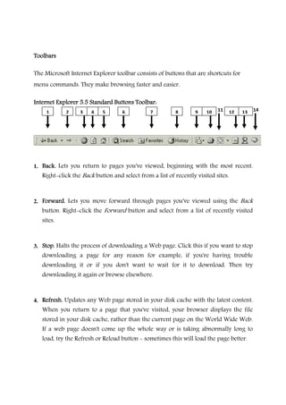 ToolbarsToolbarsToolbarsToolbars
The Microsoft Internet Explorer toolbar consists of buttons that are shortcuts for
menu commands. They make browsing faster and easier.
Internet Explorer 5.5 Standard Buttons Toolbar:Internet Explorer 5.5 Standard Buttons Toolbar:Internet Explorer 5.5 Standard Buttons Toolbar:Internet Explorer 5.5 Standard Buttons Toolbar:
1. Back.Back.Back.Back. Lets you return to pages you've viewed, beginning with the most recent.
Right-click the Back button and select from a list of recently visited sites.
2. Forward.Forward.Forward.Forward. Lets you move forward through pages you've viewed using the Back
button. Right-click the Forward button and select from a list of recently visited
sites.
3. Stop.Stop.Stop.Stop. Halts the process of downloading a Web page. Click this if you want to stop
downloading a page for any reason for example, if you're having trouble
downloading it or if you don't want to wait for it to download. Then try
downloading it again or browse elsewhere.
4. Refresh.Refresh.Refresh.Refresh. Updates any Web page stored in your disk cache with the latest content.
When you return to a page that you've visited, your browser displays the file
stored in your disk cache, rather than the current page on the World Wide Web.
If a web page doesn't come up the whole way or is taking abnormally long to
load, try the Refresh or Reload button - sometimes this will load the page better.
1 2 3 4 5 6 7 8 9 10 12 13 1411
 