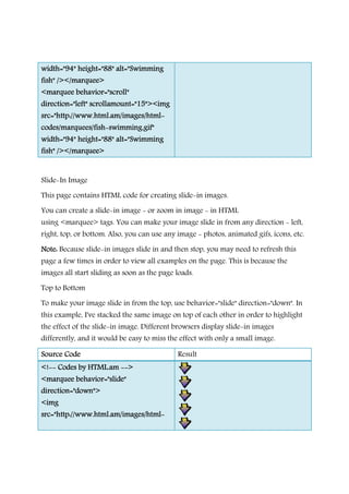 width="94" height="88" alt="Swimmingwidth="94" height="88" alt="Swimmingwidth="94" height="88" alt="Swimmingwidth="94" height="88" alt="Swimming
fish" /></marquee>fish" /></marquee>fish" /></marquee>fish" /></marquee>
<marquee behavior="scroll"<marquee behavior="scroll"<marquee behavior="scroll"<marquee behavior="scroll"
direction="left" scrollamount="15"><imgdirection="left" scrollamount="15"><imgdirection="left" scrollamount="15"><imgdirection="left" scrollamount="15"><img
src="http://www.html.am/images/htmlsrc="http://www.html.am/images/htmlsrc="http://www.html.am/images/htmlsrc="http://www.html.am/images/html----
codes/marquees/fishcodes/marquees/fishcodes/marquees/fishcodes/marquees/fish----swimming.gif"swimming.gif"swimming.gif"swimming.gif"
width=width=width=width="94" height="88" alt="Swimming"94" height="88" alt="Swimming"94" height="88" alt="Swimming"94" height="88" alt="Swimming
fish" /></marquee>fish" /></marquee>fish" /></marquee>fish" /></marquee>
Slide-In Image
This page contains HTML code for creating slide-in images.
You can create a slide-in image - or zoom in image - in HTML
using <marquee> tags. You can make your image slide in from any direction - left,
right, top, or bottom. Also, you can use any image - photos, animated gifs, icons, etc.
Note:Note:Note:Note: Because slide-in images slide in and then stop, you may need to refresh this
page a few times in order to view all examples on the page. This is because the
images all start sliding as soon as the page loads.
Top to Bottom
To make your image slide in from the top, use behavior="slide" direction="down". In
this example, I've stacked the same image on top of each other in order to highlight
the effect of the slide-in image. Different browsers display slide-in images
differently, and it would be easy to miss the effect with only a small image.
Source CodeSource CodeSource CodeSource Code Result
<!<!<!<!-------- Codes by HTML.amCodes by HTML.amCodes by HTML.amCodes by HTML.am -------->>>>
<marquee behavior="slide"<marquee behavior="slide"<marquee behavior="slide"<marquee behavior="slide"
direction="down">direction="down">direction="down">direction="down">
<img<img<img<img
src="http://www.html.am/images/htmlsrc="http://www.html.am/images/htmlsrc="http://www.html.am/images/htmlsrc="http://www.html.am/images/html----
 