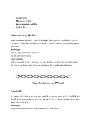 • Coaxial cableCoaxial cableCoaxial cableCoaxial cable
• Microwave systemMicrowave systemMicrowave systemMicrowave system
• Communications satelliteCommunications satelliteCommunications satelliteCommunications satellite
• Optical fibersOptical fibersOptical fibersOptical fibers
TwistedTwistedTwistedTwisted----pair wire (UTP cable)pair wire (UTP cable)pair wire (UTP cable)pair wire (UTP cable)
It consists of two identical 1 mm thick copper wires insulated and twisted together.
The twisted pair cables are twisted in order to reduce crosstalk and electromagnetic
induction.
Advantages:Advantages:Advantages:Advantages:
(i) It is easy to install and maintain.
(ii) It is very inexpensive
Disadvantages:Disadvantages:Disadvantages:Disadvantages:
(i) It is incapable to carry a signal over long distances without the use of repeaters.
(ii) Due to low bandwidth, these are unsuitable for broadband applications.
FigureFigureFigureFigure---- TwistedTwistedTwistedTwisted----pair wire (UTP cablepair wire (UTP cablepair wire (UTP cablepair wire (UTP cable))))
Coaxial cableCoaxial cableCoaxial cableCoaxial cable
It consists of a solid wire core surrounded by one or more foil or braided wire
shields, each separated from the other by some kind of plastic insulator. It is mostly
used in the cable wires.
Advantages:Advantages:Advantages:Advantages:
(i) Data transmission rate is better than twisted pair cables.
 