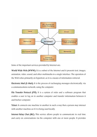 Some of the important services provided by Internet are:
World Wide WebWorld Wide WebWorld Wide WebWorld Wide Web (WWW):(WWW):(WWW):(WWW): It is a subset of the Internet and it presents text, images,
animation, video, sound, and other multimedia in a single interface. The operation of
the Web relies primarily on hypertext, as it is a means of information retrieval.
Electronic Mail (EElectronic Mail (EElectronic Mail (EElectronic Mail (E----MMMMail):ail):ail):ail): It is the process of exchanging messages electronically, via
a communications network, using the computer.
File Transfer Protocol (FTP):File Transfer Protocol (FTP):File Transfer Protocol (FTP):File Transfer Protocol (FTP): It is a system of rules and a software program that
enables a user to log on to another computer and transfer information between it
and his/her computer.
Telnet:Telnet:Telnet:Telnet: It connects one machine to another in such a way that a person may interact
with another machine as if it is being used locally.
Internet Relay Chat (IRC):Internet Relay Chat (IRC):Internet Relay Chat (IRC):Internet Relay Chat (IRC): This service allows people to communicate in real time
and carry on conversations via the computer with one or more people. It provides
 