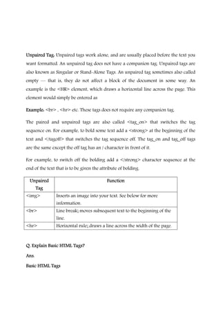 Unpaired Tag:Unpaired Tag:Unpaired Tag:Unpaired Tag: Unpaired tags work alone, and are usually placed before the text you
want formatted. An unpaired tag does not have a companion tag. Unpaired tags are
also known as Singular or Stand-Alone Tags. An unpaired tag sometimes also called
empty ― that is, they do not affect a block of the document in some way. An
example is the <HR> element, which draws a horizontal line across the page. This
element would simply be entered as
Example:Example:Example:Example: <br> , <hr> etc. These tags does not require any companion tag.
The paired and unpaired tags are also called <tag_on> that switches the tag
sequence on. For example, to bold some text add a <strong> at the beginning of the
text and </tagoff> that switches the tag sequence off. The tag_on and tag_off tags
are the same except the off tag has an / character in front of it.
For example, to switch off the bolding add a </strong> character sequence at the
end of the text that is to be given the attribute of bolding.
UnpairedUnpairedUnpairedUnpaired
TagTagTagTag
FunctionFunctionFunctionFunction
<img> Inserts an image into your text. See below for more
information.
<br> Line break; moves subsequent text to the beginning of the
line.
<hr> Horizontal rule; draws a line across the width of the page.
Q.Q.Q.Q. ExplainExplainExplainExplain Basic HTML Tags?Basic HTML Tags?Basic HTML Tags?Basic HTML Tags?
Ans.Ans.Ans.Ans.
Basic HTML TagsBasic HTML TagsBasic HTML TagsBasic HTML Tags
 