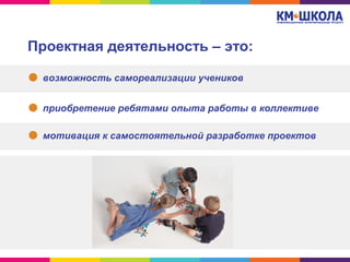 Проектная деятельность – это:
возможность самореализации учеников
приобретение ребятами опыта работы в коллективе
мотивация к самостоятельной разработке проектов
 