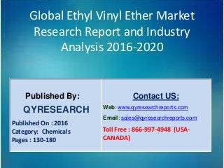 Global Ethyl Vinyl Ether Market
Research Report and Industry
Analysis 2016-2020
Published By:
QYRESEARCH
Published On : 2016
Category: Chemicals
Pages : 130-180
Contact US:
Web: www.qyresearchreports.com
Email: sales@qyresearchreports.com
Toll Free : 866-997-4948 (USA-
CANADA)
 