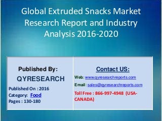 Global Extruded Snacks Market
Research Report and Industry
Analysis 2016-2020
Published By:
QYRESEARCH
Published On : 2016
Category: Food
Pages : 130-180
Contact US:
Web: www.qyresearchreports.com
Email: sales@qyresearchreports.com
Toll Free : 866-997-4948 (USA-
CANADA)
 
