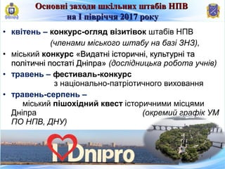 • квітень – конкурс-огляд візитівок штабів НПВ
(членами міського штабу на базі ЗНЗ),
• міський конкурс «Видатні історичні, культурні та«Видатні історичні, культурні та
політичні постаті Дніпра»політичні постаті Дніпра» (дослідницька робота учнів)
• травень – фестиваль-конкурс
з національно-патріотичного виховання
• травень-серпень –
міський пішохідний квест історичними місцями
Дніпра (окремий графік УМ
ПО НПВ, ДНУ)
7
Основні заходи шкільних штабів НПВОсновні заходи шкільних штабів НПВ
на І півріччя 2017 рокуна І півріччя 2017 року
 