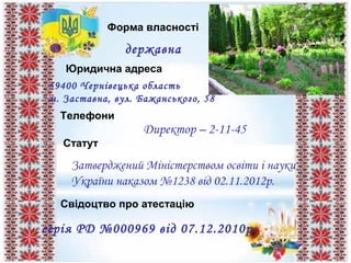 Форма власності
Юридична адреса
Телефони
Статут
Свідоцтво про атестацію
державна
59400 Чернівецька область
м. Заставна, вул. Бажанського, 58
Директор – 2-11-45
Затверджений Міністерством освіти і науки
України наказом №1238 від 02.11.2012р.
серія РД №000969 від 07.12.2010р.
 