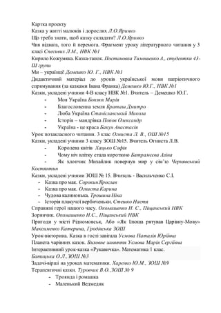 Картка проекту
Казка у житті малюків і дорослих Л.О.Яринко
Що треба знати, щоб казку складати? Л.О.Яринко
Чия відвага, того й перемога. Фрагмент уроку літературного читання у 3
класі Спесивих Л.М., НВК №1
Кирило Кожумяка. Казка-танок. Постановка Тимошенко А., студентки 43-
Ш групи
Ми – українці! Демешко Ю. Г., НВК №1
Дидактичний матеріал до уроків української мови патріотичного
спрямування (за казками Івана Франка) Демешко Ю.Г., НВК №1
Казки, укладені учнями 4-В класу НВК №1. Вчитель – Демешко Ю.Г.
- Моя Україна Бонзюх Марія
- Благословенна земля Браташ Дмитро
- Люба Україна Станіславський Микола
- Історія – мандрівка Попов Олександр
- Україна - це краса Бакун Анастасія
Урок позакласного читання. 3 клас Огниста Л. В., ОШ №15
Казки, укладені учнями 3 класу ЗОШ №15. Вчитель Огниста Л.В.
- Королева квітів Хацько Софія
- Чому ніч влітку стала короткою Батрамєєва Аліна
- Як хлопчик Михайлик повернув мир у сім’ю Чернявський
Костянтин
Казки, укладені учнями ЗОШ № 15. Вчитель - Васильченко С.І.
- Казка про мак. СорокинЯрослав
- Казка про мак. Огниста Карина
- Чудова калинонька. Трошина Ніка
- Історія плакучої вербиченьки. Стешко Настя
Справжні герої нашого часу. Окомашенко Н. С., Піщанський НВК
Зорянчик. Окомашенко Н.С., Піщанський НВК
Пригоди у місті Рідномовськ, Або «Як Ілюша рятував Царівну-Мову»
Максименко Катерина, Гродівська ЗОШ
Урок-вікторина. Казка в гості завітала Уємова Наталія Юріївна
Планета чарівних казок. Виховне заняття Уємова Марія Сергіївна
Інтерактивний урок-казка «Рукавичка». Математика 1 клас.
Батицька О.Л.,ЗОШ №3
Задачі-вірші на уроках математики. Харенко Ю.М., ЗОШ №9
Терапевтичні казки. Туровчик В.О.,ЗОШ № 9
- Троянда і ромашка
- Маленький Ведмедик
 