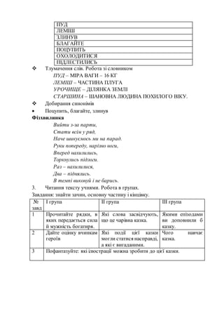 ПУД
ЛЕМІШ
ЗЛИНУВ
БЛАГАЙТЕ
ПОЦУПИТЬ
ОХОЛОДИТИСЯ
ПІДЛЕСТИЛИСЬ
 Тлумачення слів. Робота зі словником
ПУД – МІРА ВАГИ – 16 КГ
ЛЕМІШ – ЧАСТИНА ПЛУГА
УРОЧИЩЕ – ДІЛЯНКА ЗЕМЛІ
СТАРШИНА – ШАНОВНА ЛЮДИНА ПОХИЛОГО ВІКУ.
 Добирання синонімів
 Поцупить, благайте, злинув
Фізхвилинка
Вийти з-за парти,
Стати всім у ряд,
Наче шикуємось ми на парад.
Руки попереду, нарізно ноги,
Вперед нахилились,
Торкнулись підлоги.
Раз – нахилилися,
Два – піднялись.
В темпі виконуй і не барись.
3. Читання тексту учнями. Робота в групах.
Завдання: знайти зачин, основну частину і кінцівку.
№
завд
І група ІІ група ІІІ група
1 Прочитайте рядки, в
яких передається сила
й мужність богатиря.
Які слова засвідчують,
що це чарівна казка.
Якими епізодами
ви доповнили б
казку.
2 Дайте оцінку вчинкам
героїв
Які події цієї казки
могли статися насправді,
а які є вигаданими.
Чого навчає
казка.
3 Пофантазуйте: які ілюстрації можна зробити до цієї казки.
 