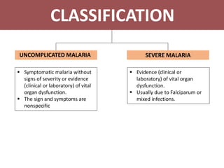 CLASSIFICATION
UNCOMPLICATED MALARIA SEVERE MALARIA
 Symptomatic malaria without
signs of severity or evidence
(clinical or laboratory) of vital
organ dysfunction.
 The sign and symptoms are
nonspecific
 Evidence (clinical or
laboratory) of vital organ
dysfunction.
 Usually due to Falciparum or
mixed infections.
 