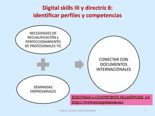 Digital skills III y directriz 8:
identificar perfiles y competencias
NECESIDADES DE
RECUALIFICACIÓN y
PERFECCIONAMIENTO
D...