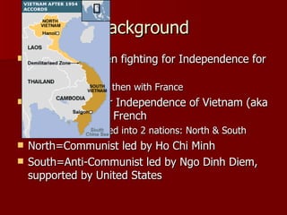 Background Vietnam had been fighting for Independence for 2,000 years First with China, then with France 1954- League for Independence of Vietnam (aka Vietminh) defeat French July 1954- Divided into 2 nations: North & South North=Communist led by Ho Chi Minh South=Anti-Communist led by Ngo Dinh Diem, supported by United States 