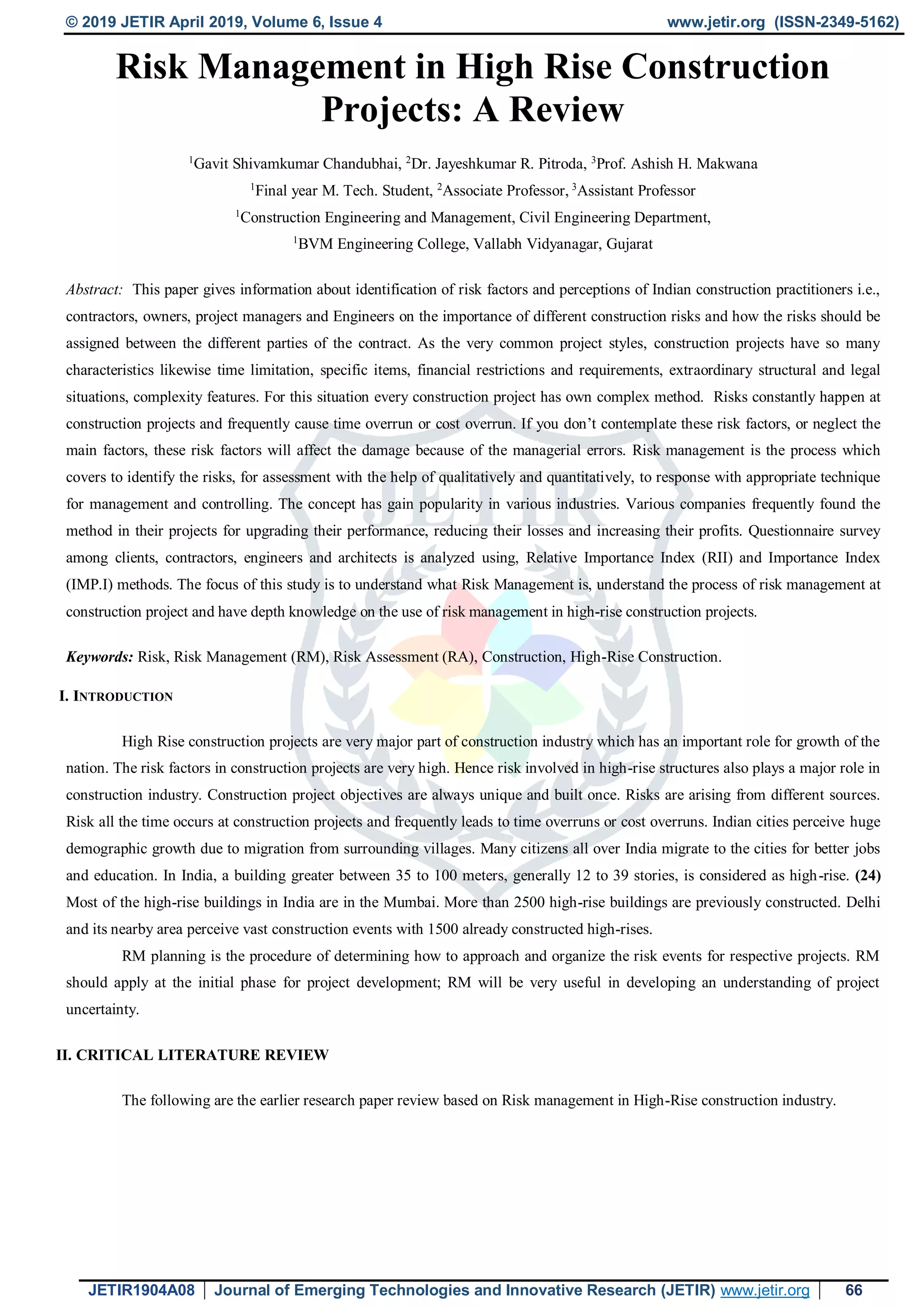 Risk Management in High Rise Construction Projects: A Review | PDF