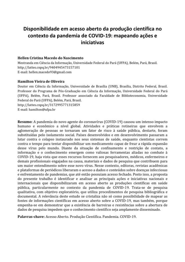 Disponibilidade em acesso aberto da produção científica no contexto da pandemia de COVID-19: mapeando ações e iniciativas