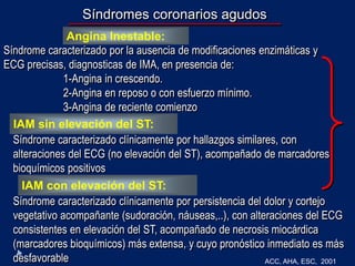 Síndromes coronarios agudos
Síndrome caracterizado por la ausencia de modificaciones enzimáticas y
ECG precisas, diagnosticas de IMA, en presencia de:
1-Angina in crescendo.
2-Angina en reposo o con esfuerzo mínimo.
3-Angina de reciente comienzo
Síndrome caracterizado clínicamente por hallazgos similares, con
alteraciones del ECG (no elevación del ST), acompañado de marcadores
bioquímicos positivos
Síndrome caracterizado clínicamente por persistencia del dolor y cortejo
vegetativo acompañante (sudoración, náuseas,..), con alteraciones del ECG
consistentes en elevación del ST, acompañado de necrosis miocárdica
(marcadores bioquímicos) más extensa, y cuyo pronóstico inmediato es más
desfavorable ACC, AHA, ESC, 2001
Angina Inestable:
IAM sin elevación del ST:
IAM con elevación del ST:
 