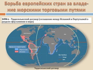 Тордесильясский договор
1494 г. - Тордесильясский договор (соглашение между Испанией и Португалией о
разделе сфер влияния в мире)
Права на территории
Португалия
Испания
 