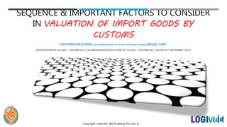 Copyright reserved JBS Academy Pvt. Ltd. ©
SEQUENCE & IMPORTANT FACTORS TO CONSIDER
IN VALUATION OF IMPORT GOODS BY
CUSTOMS
CUSTOMS VALUATION (DETERMINATION OF VALUE OF IMPORT GOODS) RULES, 2007
(NOTIFICATION NO. 94/2007 - CUSTOMS (N.T.) AS AMENDED BY NOTIFICATION NO. 91/2017 - CUSTOMS (N.T.) DATED 26TH SEPTEMBER, 2017)
Copyright reserved JBS Academy Pvt. Ltd. ©
 