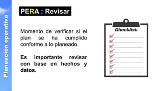 Planeación
operativa
Momento de verificar si el
plan se ha cumplido
conforme a lo planeado.
Es importante revisar
con base en hechos y
datos.
PERA : Revisar
 