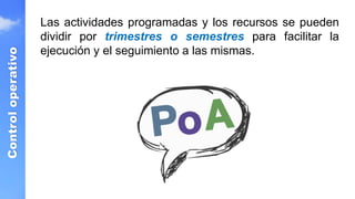 Control
operativo
Las actividades programadas y los recursos se pueden
dividir por trimestres o semestres para facilitar la
ejecución y el seguimiento a las mismas.
 