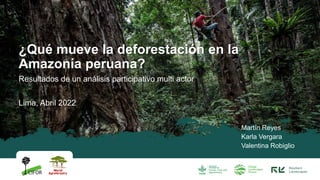 Resultados de un análisis participativo multi actor
Lima, Abril 2022
¿Qué mueve la deforestación en la
Amazonía peruana?
Martín Reyes
Karla Vergara
Valentina Robiglio
 