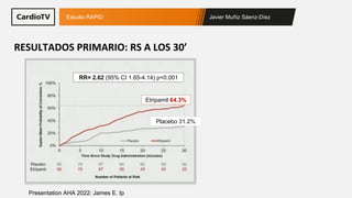Javier Muñiz Sáenz-Díez
Estudio RAPID
Presentation AHA 2022: James E. Ip
RESULTADOS PRIMARIO: RS A LOS 30’
RR= 2.62 (95% C...