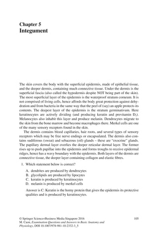 105
© Springer Science+Business Media Singapore 2016
M. Caon, Examination Questions and Answers in Basic Anatomy and
Physiology, DOI 10.1007/978-981-10-2332-3_5
Chapter 5
Integument
The skin covers the body with the superficial epidermis, made of epithelial tissue,
and the deeper dermis, containing much connective tissue. Under the dermis is the
superficial fascia (also called the hypodermis despite NOT being part of the skin).
The most superficial layer of the epidermis is the waterproof stratum corneum. It is
not comprised of living cells, hence affords the body great protection against dehy-
dration and from bacteria in the same way that the peel of (say) an apple protects its
contents. The deepest layer of the epidermis is the stratum germinativum. Here
keratinocytes are actively dividing (and producing keratin and previtamin D3).
Melanocytes also inhabit this layer and produce melanin. Dendrocytes migrate to
the skin from the bone marrow and become macrophages there. Merkel cells are one
of the many sensory receptors found in the skin.
The dermis contains blood capillaries, hair roots, and several types of sensory
receptors which may be free nerve endings or encapsulated. The dermis also con-
tains sudiferous (sweat) and sebaceous (oil) glands – these are “exocrine” glands.
The papillary dermal layer overlies the deeper reticular dermal layer. The former
rises up to push papillae into the epidermis and forms troughs to receive epidermal
ridges, hence has a wavy boundary with the epidermis. Both layers of the dermis are
connective tissue, the deeper layer containing collagen and elastic fibres.
1. Which statement below is correct?
A. dendrites are produced by dendrocytes
B. glycolipids are produced by lipocytes
C. keratin is produced by keratinocytes
D. melanin is produced by merkel cells
Answer is C: Keratin is the horny protein that gives the epidermis its protective
qualities and is produced by keratinocytes.
ERRNVPHGLFRVRUJ
 