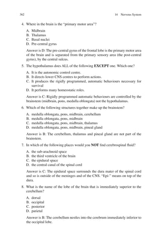 362
4. Where in the brain is the “primary motor area”?
A. Midbrain
B. Thalamus
C. Basal nuclei
D. Pre-central gyrus
Answer is D: The pre-central gyrus of the frontal lobe is the primary motor area
of the brain and is separated from the primary sensory area (the post-central
gyrus), by the central sulcus.
5. The hypothalamus does ALL of the following EXCEPT one. Which one?
A. It is the autonomic control centre.
B. It directs lower CNS centres to perform actions.
C. It produces the rigidly programmed, automatic behaviours necessary for
survival
D. It performs many homeostatic roles.
Answer is C: Rigidly programmed automatic behaviours are controlled by the
brainstem (midbrain, pons, medulla oblongata) not the hypothalamus.
6. Which of the following structures together make up the brainstem?
A. medulla oblongata, pons, midbrain, cerebellum
B. medulla oblongata, pons, midbrain
C. medulla oblongata, pons, midbrain, thalamus
D. medulla oblongata, pons, midbrain, pineal gland
Answer is B: The cerebellum, thalamus and pineal gland are not part of the
brainstem.
7. In which of the following places would you NOT ﬁnd cerebrospinal ﬂuid?
A. the sub-arachnoid space
B. the third ventricle of the brain
C. the epidural space
D. the central canal of the spinal cord
Answer is C: The epidural space surrounds the dura mater of the spinal cord
and so is outside of the meninges and of the CNS. “Epi-” means on top of the
dura.
8. What is the name of the lobe of the brain that is immediately superior to the
cerebellum?
A. dorsal
B. occipital
C. posterior
D. parietal
Answer is B: The cerebellum nestles into the cerebrum immediately inferior to
the occipital lobe.
14 Nervous System
ERRNVPHGLFRVRUJ
 