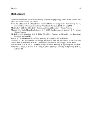 vii
Bibliography
Textbooks suitable for use in an introductory anatomy and physiology course. Later editions may
exist, and earlier editions will suffice:
Caon, M.  Hickman, R. (2003) Human Science: Matter and Energy in the Human Body 3rd ed,
Crawford House Australia Publishing, Belair South Australia. ISBN 0863332552
Marieb, E.N  Hoehn K.N. (2015) Human Anatomy  Physiology 10th ed, Pearson
Martini, F.H., Nath, J.L.  Bartholomew, E. F. (2015) Fundamentals of Anatomy  Physiology
10th ed, Pearson
McKinley, M.P. Oloughlin, V.D.  Bidle T.S. (2013) Anatomy  Physiology An Integrative
Approach, McGraw Hill
Patton, K.T.  Thibodeau, G.A. (2016) Anatomy  Physiology 9th ed, Elsevier
Saladin, K.S. (2012) Anatomy  Physiology: The unity of form and function 6th ed, McGraw Hill
Tortora, G.J.  Derrickson, B. (2012) Principles of Anatomy  Physiology 13th ed, Wiley
Van De Graff, K.M.  Fox, S.I. (1999) Concepts of human Anatomy  Physiology 5th ed, WCB
VanPutte, C. Regan, A. Russo, A.  Seeley, R. (2016?) Seeley’s Anatomy  Physiology 11th ed,
McGraw Hill
Preface
 