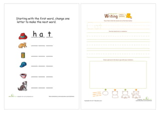 More worksheets at www.education.com/worksheets
Copyright © 2010-2011 by Education.com
2011-2012
h a t
Starting with the first word, change one
letter to make the next word.
Created by :
www.education.com/worksheets
Copyright 2010-2011 Education.com
Trace then write the word cat on the lines below.
1 2 3 4
Cat
Follow these
steps to draw
your own cat!
Use the word cat in a sentence.
Draw a picture in the box to go with your sentence.
Kindergarten
Write a
Sentence
 