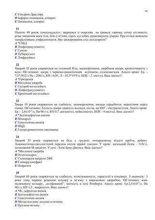 C Синдром Дреслера.
D Інфаркт-пневмонія, плеврит.
E Пневмонія, плеврит.
21
Пацiєнт 40 рокiв, гомосексуаліст, звернувся зi скаргами на тривалу гарячку, нiчну пiтливiсть,
рiзке зниження маси тiла, бiль у м’язах, горлi, суглобах, рецидивуючу дiарею. При оглядi виявлено
генералiзована лiмфаденопатiя. Яке захворювання слід запідозрити?
A *СНIД
B Лiмфогрануломатоз
C Сепсис
D Туберкульоз
E Лімфалейкоз
22
Хворий 55 років скаржиться на головний біль, запаморочення, свербіння шкіри, кровоточивість з
ясен. Об`єктивно: шкіра з червоно-цианотичним відтінком, спленомегалія. Аналіз крові: Ер. -
7,5*1012/л Нь - 206г/л, КП - 0,95, Л - 10,3*10 9/л, ШЗЕ - 2 мм/год. Ваш діагноз?
A *Еритремія
B Мієломна хвороба
C Гострий мієлолейкоз
D Лімфогрануломатоз
E Хронічний мієлолейкоз
23
Хвора 18 років скаржиться на слабкість, запаморочення, напади серцебиття, мерехтіння перед
очима. Об`єктивно: блідість шкіри ламкість волосся, нігтів, на ЕКГ - екстрасистолія. Аналіз крові:
Ер. - 2,8x1012
/л, Нв 98 г/л, КП 0,7 ,анізоцітоз, пойкілоцітоз, ШЗЕ - 4 мм/год. Ваш діагноз?
A *Залізодефіцітна анемія
B Міокардіт
C Гемолітична анемія
D НЦД
E Гостра ревмотична лихоманка
24
Хворий 55 років скаржиться на біль у грудині, поперековому відділі хребта, ребрах.
Анамнестично-патологічний перелом кісток правої гомілки. У крові: загальний білок - 110г/л,
позитивний М-градієнт. У сечі - блок Бенс-Джонса. Ваш діагноз?
A *Мієломна хвороба
B Остеохондроз
C Стенокардія напруги 2ФК
D Гломерулонефрит
E Невралгія
25
Хворий 60 років скаржиться на слабкість, втомлюванність, парастезії в кінцівках. З анамнезу: 3
роки тому переніс резекцію шлунку в зв`язку з виразковою хворобою. Об`єктивно: язик
малинового кольору, „шліфований”, шаткість в позі Ромберга. Аналіз крові: Ер.2,5x1012
/л, Нв
96г/л, КП 1,3 , макроцітоз. Ваш діагноз?
A *В12 дефіцітна анемія
B Залізодефіцітна анемія
C Гемолітична анемія
D Метастази раку шлунка в печінку
E Пухлина мозоку
64
 