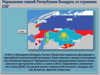 В 2011 г. Президенты Беларуси, России и Казахстана подписали Декларацию о
европейской экономической интеграции. Таким образом в процессе интеграции
был обозначен переход от Таможенного союза к формированию Единого эконо-
мического пространства в 2012 г. и затем в 2015 г. Евразийского экономичес-
кого союза (ЕАЭС). На данный момент членами ЕАЭС являются Беларусь, Рос-
сия, Казахстан, Армения и Киргизия.
ЕАЭС
 