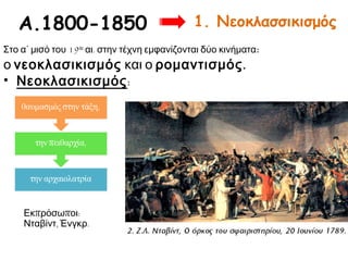Α.1800-1850

1. Νεοκλασσικισμός

Στο α΄ μισό του 19ου αι. στην τέχνη εμφανίζονται δύο κινήματα:

ο νεοκλασικισμός και ο ρομαντισμός .
• Νεοκλασικισμός:

Εκπρόσωποι:
Νταβίντ, Ένγκρ.

 