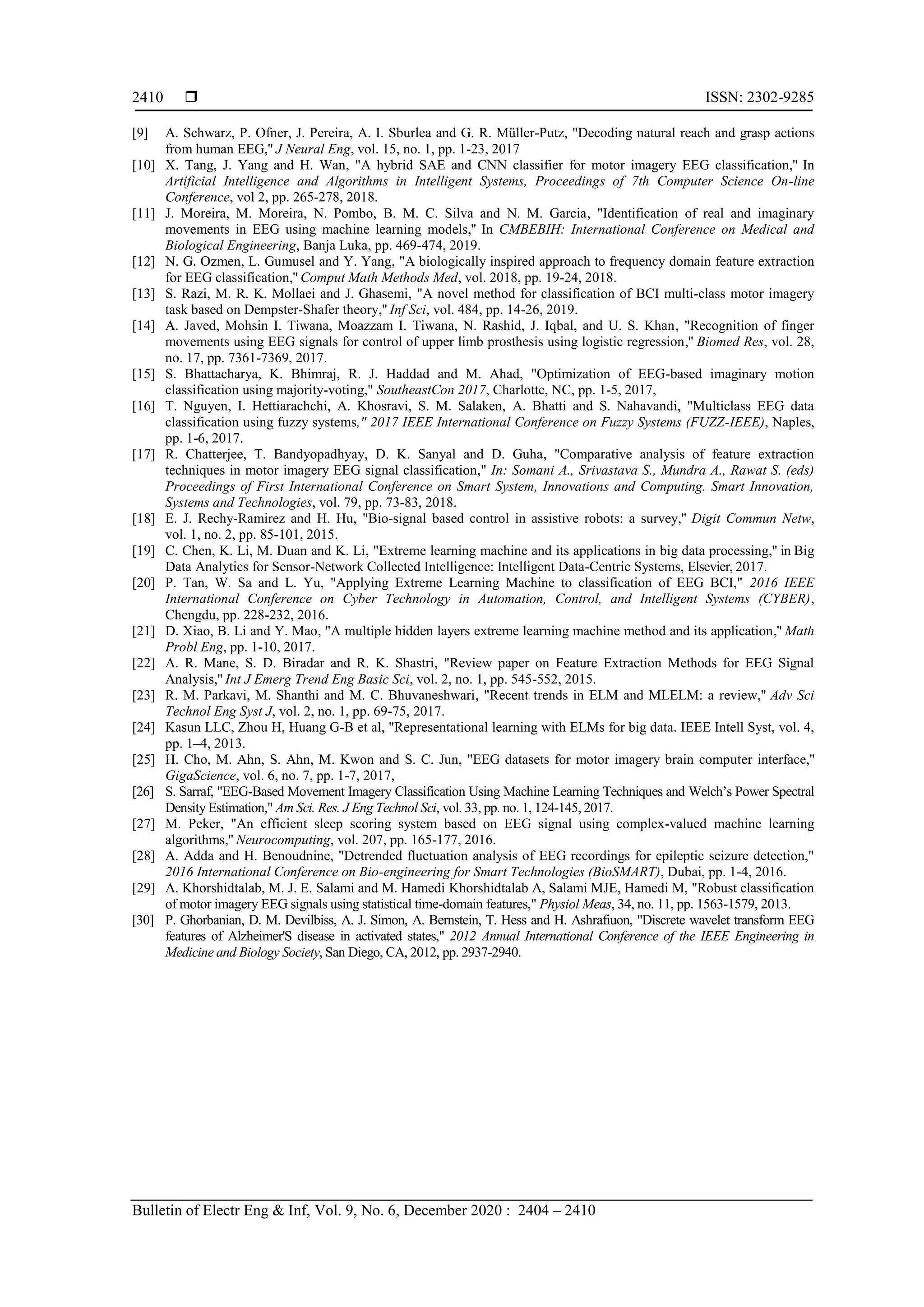  ISSN: 2302-9285
Bulletin of Electr Eng & Inf, Vol. 9, No. 6, December 2020 : 2404 – 2410
2410
[9] A. Schwarz, P. Ofner, J. Pereira, A. I. Sburlea and G. R. Müller-Putz, "Decoding natural reach and grasp actions
from human EEG," J Neural Eng, vol. 15, no. 1, pp. 1-23, 2017
[10] X. Tang, J. Yang and H. Wan, "A hybrid SAE and CNN classifier for motor imagery EEG classification," In
Artificial Intelligence and Algorithms in Intelligent Systems, Proceedings of 7th Computer Science On-line
Conference, vol 2, pp. 265-278, 2018.
[11] J. Moreira, M. Moreira, N. Pombo, B. M. C. Silva and N. M. Garcia, "Identification of real and imaginary
movements in EEG using machine learning models," In CMBEBIH: International Conference on Medical and
Biological Engineering, Banja Luka, pp. 469-474, 2019.
[12] N. G. Ozmen, L. Gumusel and Y. Yang, "A biologically inspired approach to frequency domain feature extraction
for EEG classification," Comput Math Methods Med, vol. 2018, pp. 19-24, 2018.
[13] S. Razi, M. R. K. Mollaei and J. Ghasemi, "A novel method for classification of BCI multi-class motor imagery
task based on Dempster-Shafer theory," Inf Sci, vol. 484, pp. 14-26, 2019.
[14] A. Javed, Mohsin I. Tiwana, Moazzam I. Tiwana, N. Rashid, J. Iqbal, and U. S. Khan, "Recognition of finger
movements using EEG signals for control of upper limb prosthesis using logistic regression," Biomed Res, vol. 28,
no. 17, pp. 7361-7369, 2017.
[15] S. Bhattacharya, K. Bhimraj, R. J. Haddad and M. Ahad, "Optimization of EEG-based imaginary motion
classification using majority-voting," SoutheastCon 2017, Charlotte, NC, pp. 1-5, 2017,
[16] T. Nguyen, I. Hettiarachchi, A. Khosravi, S. M. Salaken, A. Bhatti and S. Nahavandi, "Multiclass EEG data
classification using fuzzy systems," 2017 IEEE International Conference on Fuzzy Systems (FUZZ-IEEE), Naples,
pp. 1-6, 2017.
[17] R. Chatterjee, T. Bandyopadhyay, D. K. Sanyal and D. Guha, "Comparative analysis of feature extraction
techniques in motor imagery EEG signal classification," In: Somani A., Srivastava S., Mundra A., Rawat S. (eds)
Proceedings of First International Conference on Smart System, Innovations and Computing. Smart Innovation,
Systems and Technologies, vol. 79, pp. 73-83, 2018.
[18] E. J. Rechy-Ramirez and H. Hu, "Bio-signal based control in assistive robots: a survey," Digit Commun Netw,
vol. 1, no. 2, pp. 85-101, 2015.
[19] C. Chen, K. Li, M. Duan and K. Li, "Extreme learning machine and its applications in big data processing," in Big
Data Analytics for Sensor-Network Collected Intelligence: Intelligent Data-Centric Systems, Elsevier, 2017.
[20] P. Tan, W. Sa and L. Yu, "Applying Extreme Learning Machine to classification of EEG BCI," 2016 IEEE
International Conference on Cyber Technology in Automation, Control, and Intelligent Systems (CYBER),
Chengdu, pp. 228-232, 2016.
[21] D. Xiao, B. Li and Y. Mao, "A multiple hidden layers extreme learning machine method and its application," Math
Probl Eng, pp. 1-10, 2017.
[22] A. R. Mane, S. D. Biradar and R. K. Shastri, "Review paper on Feature Extraction Methods for EEG Signal
Analysis," Int J Emerg Trend Eng Basic Sci, vol. 2, no. 1, pp. 545-552, 2015.
[23] R. M. Parkavi, M. Shanthi and M. C. Bhuvaneshwari, "Recent trends in ELM and MLELM: a review," Adv Sci
Technol Eng Syst J, vol. 2, no. 1, pp. 69-75, 2017.
[24] Kasun LLC, Zhou H, Huang G-B et al, "Representational learning with ELMs for big data. IEEE Intell Syst, vol. 4,
pp. 1–4, 2013.
[25] H. Cho, M. Ahn, S. Ahn, M. Kwon and S. C. Jun, "EEG datasets for motor imagery brain computer interface,"
GigaScience, vol. 6, no. 7, pp. 1-7, 2017,
[26] S. Sarraf, "EEG-Based Movement Imagery Classification Using Machine Learning Techniques and Welch’s Power Spectral
Density Estimation," Am Sci. Res. J Eng Technol Sci, vol. 33, pp. no. 1, 124-145, 2017.
[27] M. Peker, "An efficient sleep scoring system based on EEG signal using complex-valued machine learning
algorithms," Neurocomputing, vol. 207, pp. 165-177, 2016.
[28] A. Adda and H. Benoudnine, "Detrended fluctuation analysis of EEG recordings for epileptic seizure detection,"
2016 International Conference on Bio-engineering for Smart Technologies (BioSMART), Dubai, pp. 1-4, 2016.
[29] A. Khorshidtalab, M. J. E. Salami and M. Hamedi Khorshidtalab A, Salami MJE, Hamedi M, "Robust classification
of motor imagery EEG signals using statistical time-domain features," Physiol Meas, 34, no. 11, pp. 1563-1579, 2013.
[30] P. Ghorbanian, D. M. Devilbiss, A. J. Simon, A. Bernstein, T. Hess and H. Ashrafiuon, "Discrete wavelet transform EEG
features of Alzheimer'S disease in activated states," 2012 Annual International Conference of the IEEE Engineering in
Medicine and Biology Society, San Diego, CA, 2012, pp. 2937-2940.
 