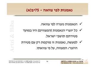 ‫‪Artzi & Hiba‬‬                    ‫נאמנות לפי צוואה - 57יב)א(‬


                                                               ‫‪ ‬הנאמנות נוצרה לפי צוואה.‬
                           ‫‪ ‬כל יוצרי הנאמנות )המצווים( היו במועד‬
                                          ‫פטירתם תושבי ישראל.‬
                       ‫‪ ‬למעשה, נאמנות זו מוקמת רק עם פטירת‬
                                ‫היוצר/ המצווה, על פי צוואתו.‬

                                                                                        ‫41‬
‫רח' מנחם בגין 7, רמת-גן 18625 טל: 1114316-30 פקס: 3113316-30‬      ‫41‬
‫שדרות פלי"ם 61, חיפה 59033 טל: 11818119-40 פקס: 8818119-40‬
 