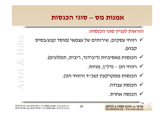 ‫אמנות מס – סוגי הכנסות‬
                                                                    ‫הוראות לעניין סוגי הכנסות:‬
 ‫‪Artzi & Hiba‬‬
                      ‫‪ ‬רווחי עסקים, שירותים של עצמאי )מוסד קבע/בסיס‬
                                                            ‫קבוע(.‬
                                  ‫‪ ‬הכנסות פאסיביות )דיבידנד, ריבית, תמלוגים(.‬
                                                                    ‫‪ ‬רווחי הון – נדל"ן, מניות.‬
                                                    ‫‪ ‬הכנסות ממקרקעין )שכ"ד ורווחי הון(.‬
                                                                              ‫‪ ‬הכנסת עבודה.‬
                                                                              ‫‪ ‬הכנסה אחרת.‬
                                                                                              ‫92‬
‫רח' מנחם בגין 7, רמת-גן 18625 טל: 1114316-30 פקס: 3113316-30‬   ‫92‬
‫שדרות פלי"ם 61, חיפה 59033 טל: 11818119-40 פקס: 8818119-40‬
 